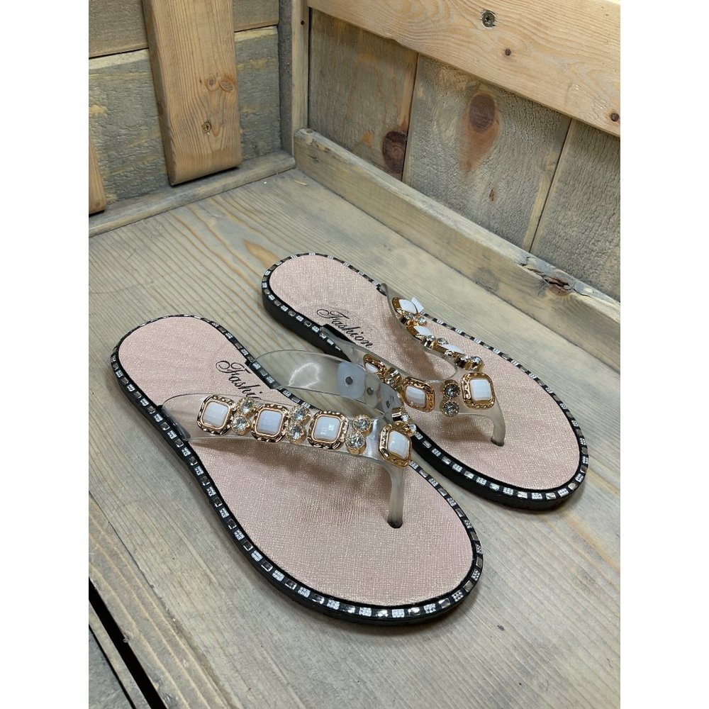 US7 Bling Fashion Sandals Flats Rose Gold Toe Post - Picture 2 of 5